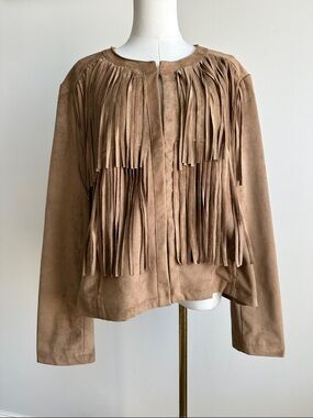 Women XL Faux Suede Leather Jacket Fringe Western Coastal Cowgirl Neutral Tan